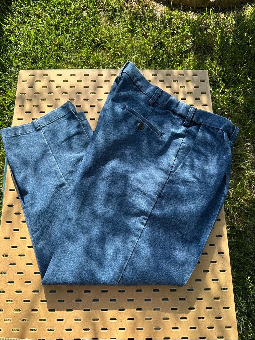 Haggar Classic Fit Denim Pleated Trousers Flat Front Blue Slacks